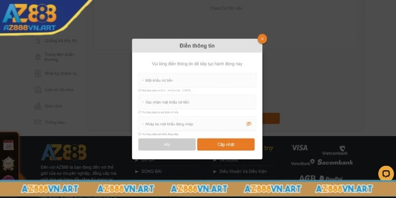 Bước 1: Thiết lập mật khẩu rút tiền AZ888
